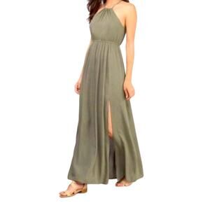 Tobi Army Green Halter Neck Side Slit Cut Out Back Full Length Maxi Dress sz Xs